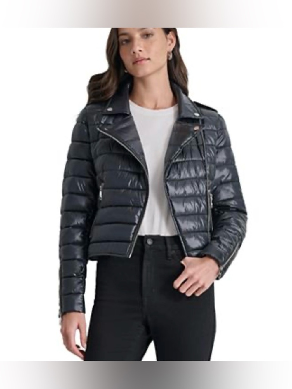 🖤 DKNY Jeans Black Moto Puffer Jacket Size Small NWT Faux Leather Look Cropped